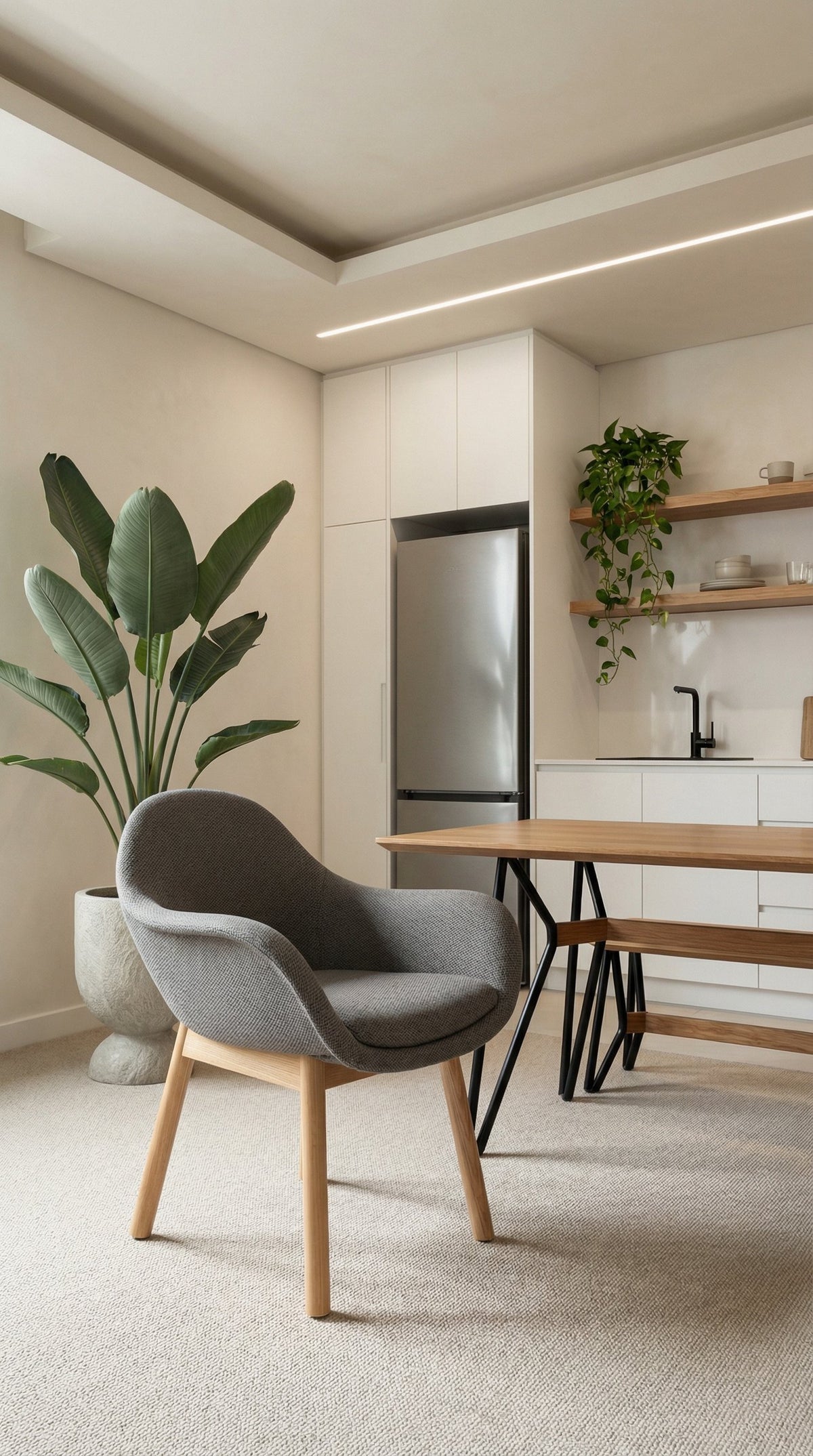 Matsu Bowler chair with wooden legs at a dining table