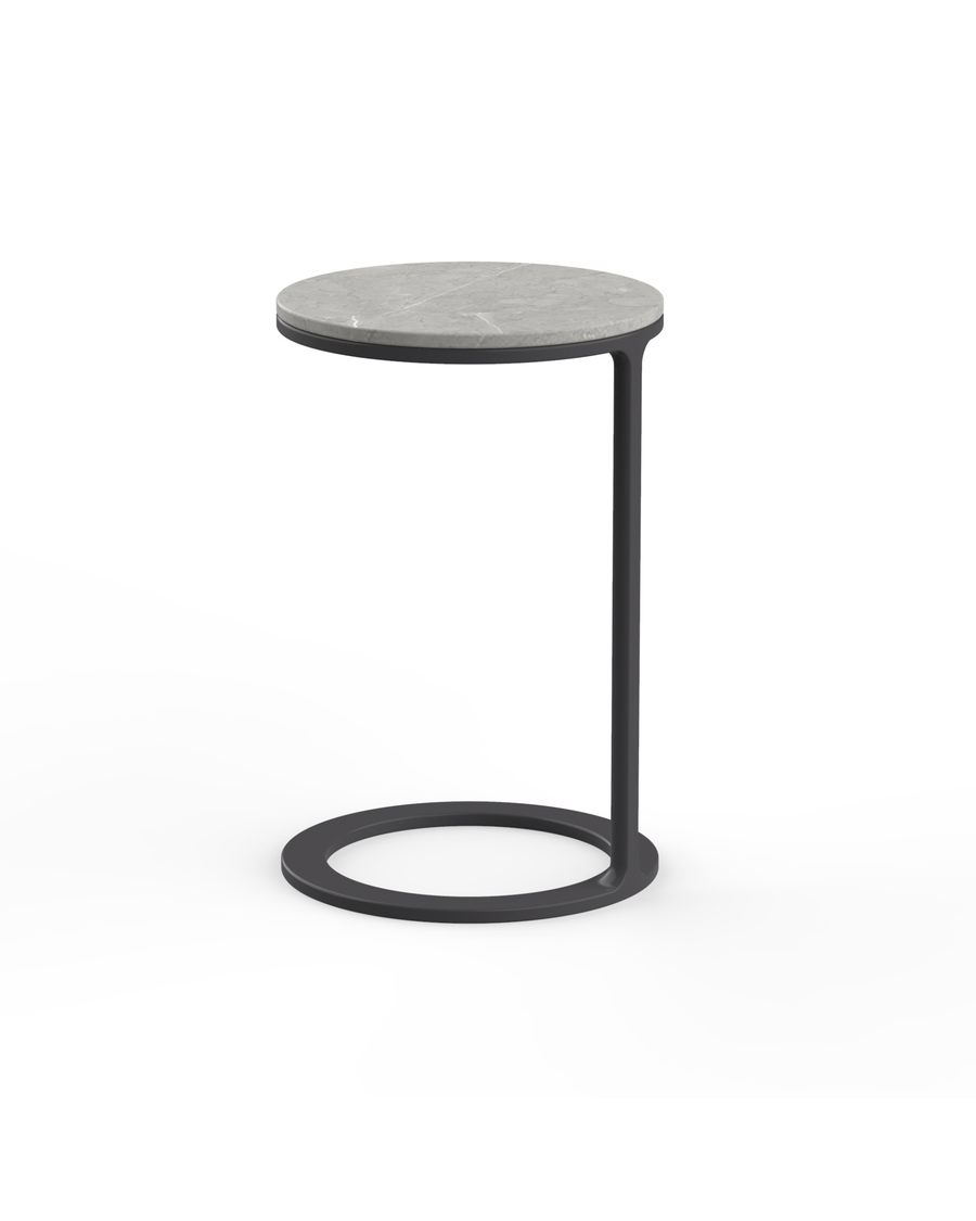 Rectangular Matsu Prestige side table with powder-coated steel frame and black sintered stone tabletop