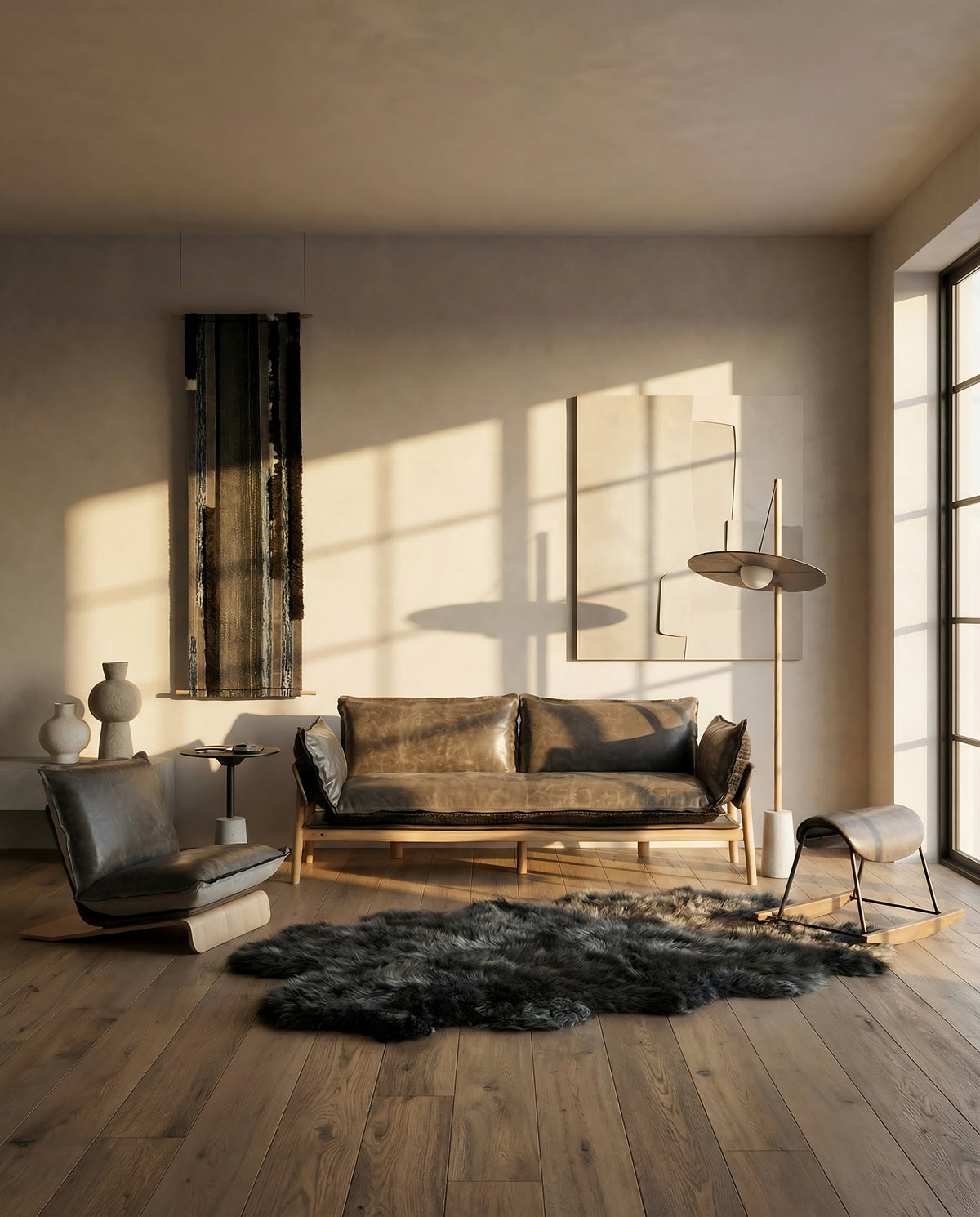 NOMAD Skin Sofa in yak leather in a sunlit living room