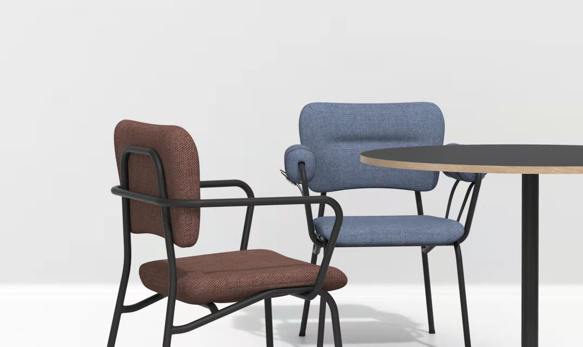 Link Dining Chairs with armrests in brown and blue upholstery, studio shot