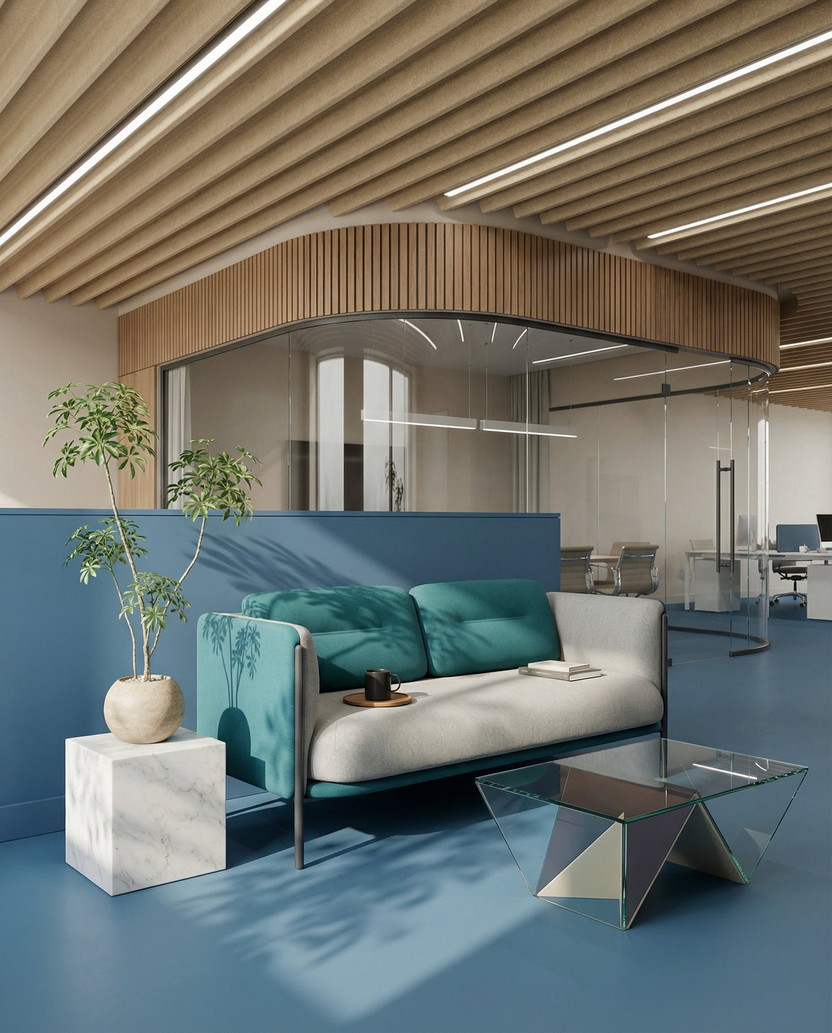 Matsu Panache sofa in teal and white in an office lounge